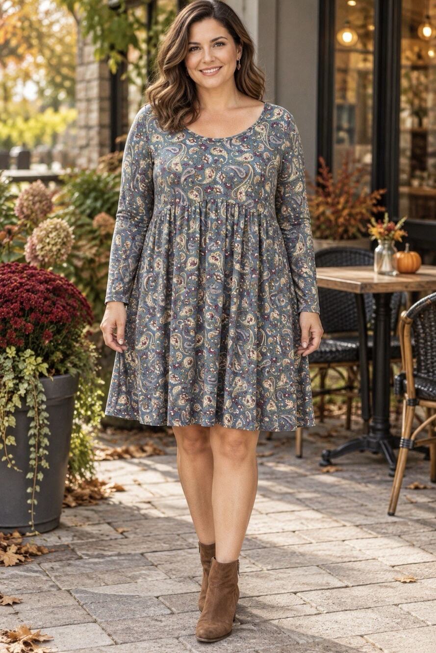 BOMBOM XL Blue Paisley Floral Long Sleeve Babydoll Swing Dress Boho USA